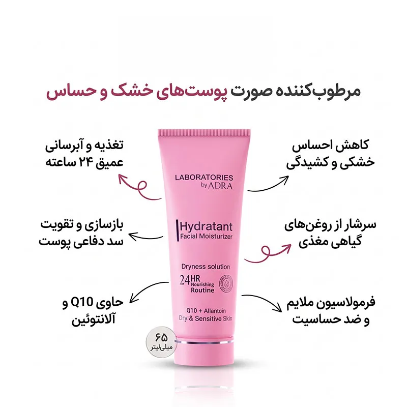 کرم مرطوب کننده صورت، لابراتوریز آدرا مدل Q10 مناسب برای پوست خشک و حساس حجم 65 میلی‌لیتر